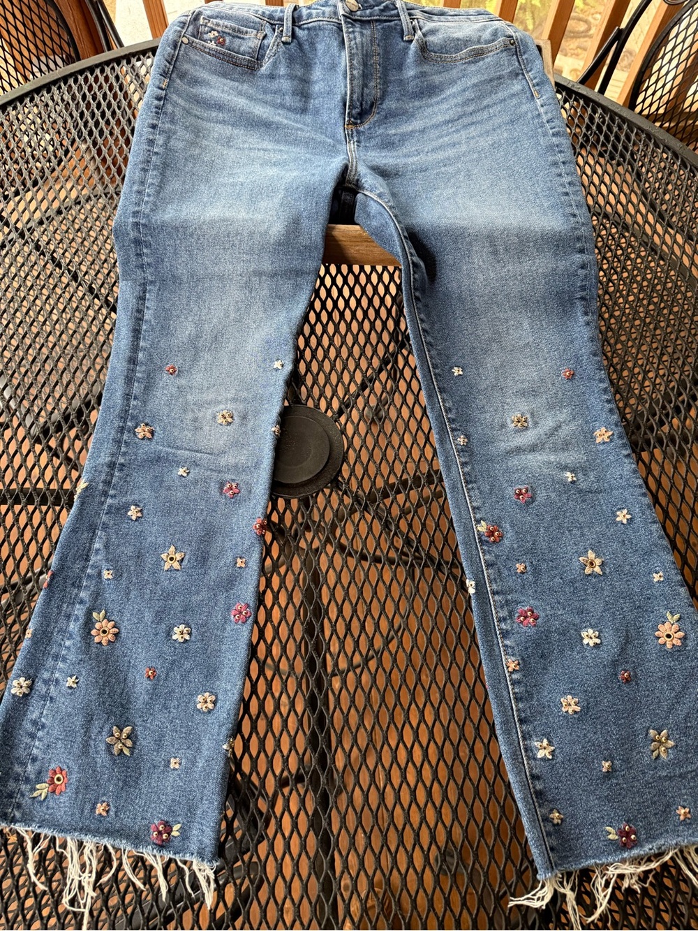 DRIFTWOOD Blue Embellished Flare Jeans with Floral Studs